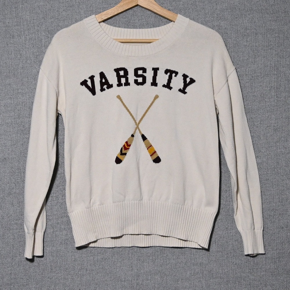 Abercrombie & Fitch Varsity Graphic Sweater Womens Small Cream Cotton Pullover